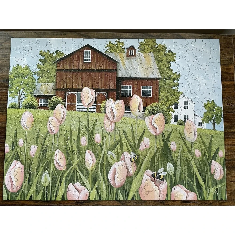300 Pieces Puzzle Bits and Pieces Peach Tulips and Bumblebees Complete Pre-Owned